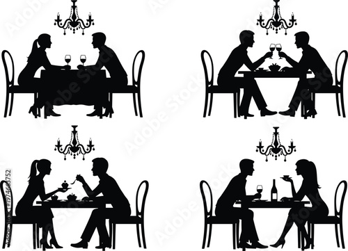 Romantic Dinner Silhouettes Featuring Couples Dining Under Chandeliers in Black and White