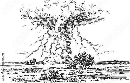 Volcanic eruption sketch with ash cloud, lightning, and volcanic landscape, vintage nature disaster illustration