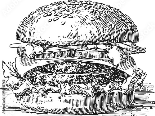 hand drawn classic burger with lettuce, tomato, cheese, and bacon in detailed vintage sketch