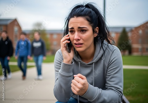 Distressed Woman on Phone Crying in Public.