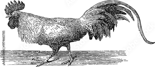 Vintage black and white rooster illustration hand drawn farm bird, detailed engraving with comb and tail feathers