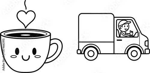 Cartoon Coffee Cup with Heart and Delivery Van Character Vector Illustration for Food, Drink, and Delivery Services Designs