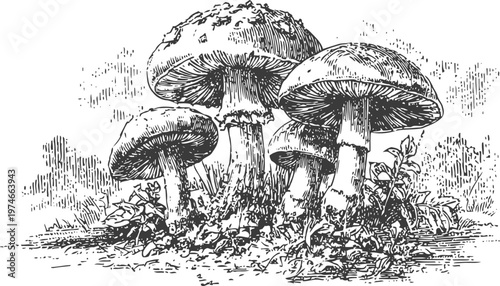 Vintage illustration of wild mushrooms growing in natural forest environment with detailed crosshatch shading