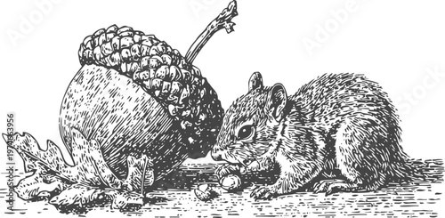 Squirrel and large acorn detailed black and white vintage engraving illustration