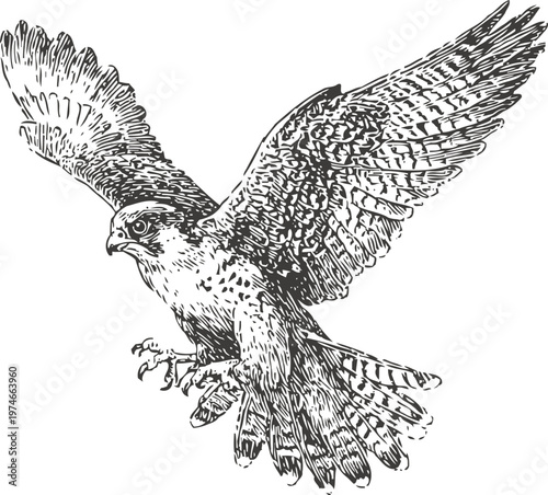 falcon bird of prey flying with spread wings and sharp talons detailed black and white illustration
