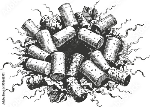 Pile of wine corks with paper shreds scattered around, detailed black and white sketch illustration