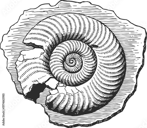 Ancient ammonite fossil engraved spiral shell on textured rock background black and white illustration