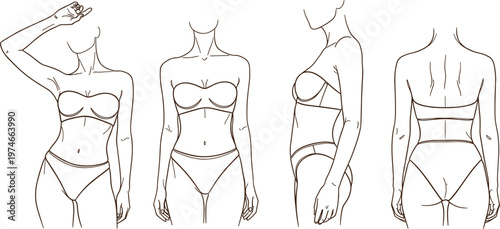 Female body fashion croquis template showing front side and back views for technical clothing sketches apparel design illustrations and garment manufacturing development.