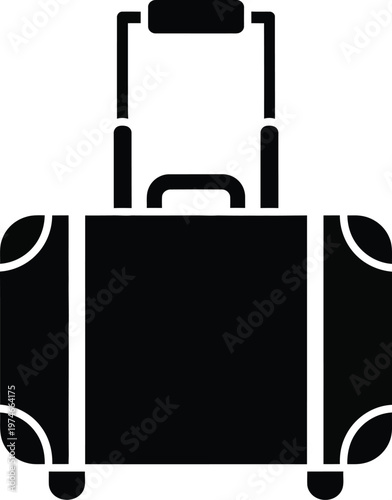 Black silhouette icon of a travel suitcase with a telescopic handle and wheels for transportation