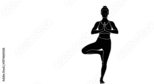 Silhouette of Woman in Yoga Tree Pose, Vrikshasana, on White Background