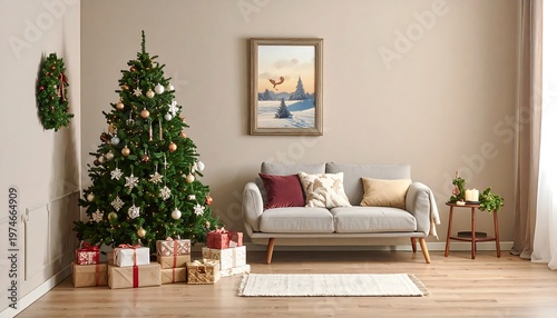 Festive living room decorated Christmas tree, gifts, sofa, art, wreath, and table with candles add cozy holiday cheer