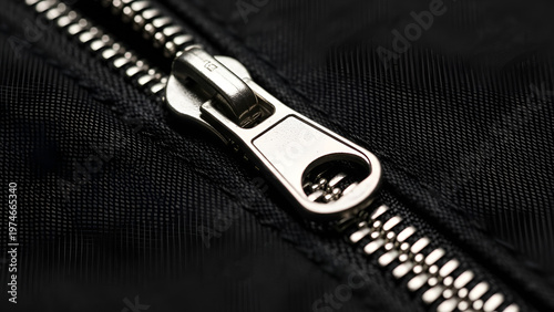 Close-up of a silver zipper pull on a black fabric background
