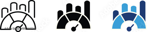 Performance dashboard icon set, business data analytics speedometer and bar chart vector, progress tracking gauge symbols for financial reporting