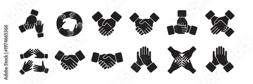 Solid black silhouette icons representing diverse teamwork cooperation handshake and community unity gesture.