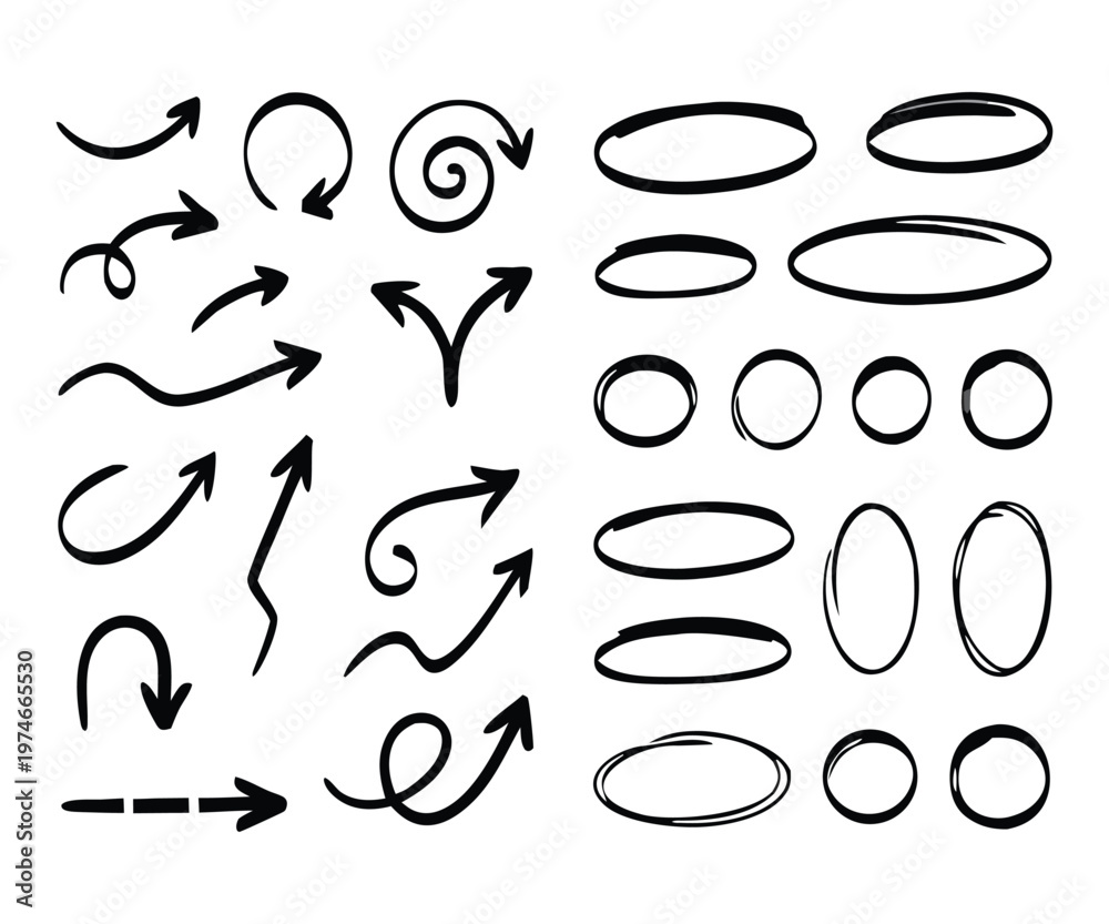 Obraz premium Hand drawn arrows and shapes for graphic design elements on white background