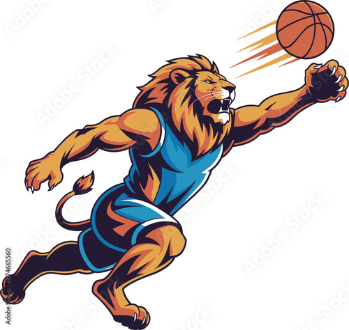 Fierce lion playing basketball with aggressive expression and dynamic pose during a game in sports arena captured in action shot ready for slam dunk.