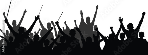 Silhouetted crowd raising hands in celebration or protest