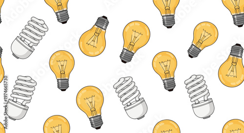 Seamless Pattern of Light Bulbs and Compact Fluorescent Lamps for Electricity, Energy, and Eco-Friendly Design