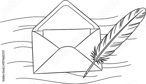 Title vintage letter and quill pen sketch a nostalgic communication scene description a black and white sketch depicts an open envelope and
