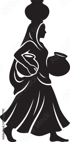 Indian village woman in traditional saree carrying clay water pots on head and waist simple flat black silhouette vector illustration isolated on white background for rural culture and heritage