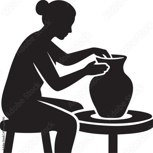 Female potter shaping a clay vase on a spinning pottery wheel simple flat black silhouette vector illustration isolated on white background for ceramic workshop artisan craft and hobby logo