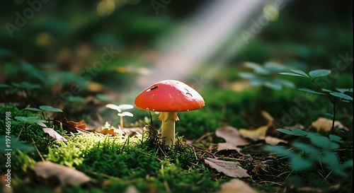 Red mushroom growing in mossy forest with sunbeams illuminating nature