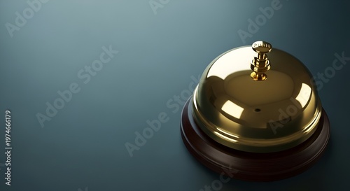 A shiny golden service bell sits on a dark wooden base against a dimly lit background, often used in hotels to signal staff.