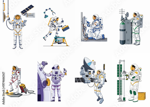 Vector Illustration Set of Astronauts Performing Maintenance Repairs and Technical Tasks in Outer Space and on Planetary Surfaces