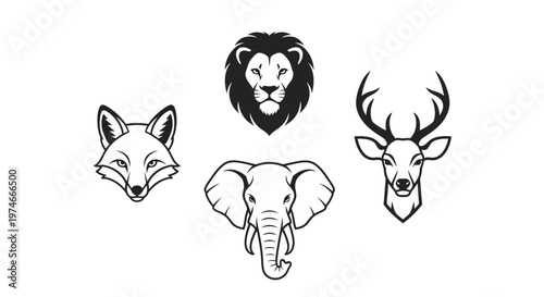 Black and white animal heads line up.