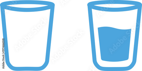 Minimalist blue water glass icons, empty and half full glass of water vector set, simple liquid beverage symbols for hydration and health