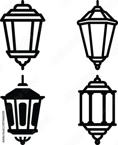 Four black lantern style lights on white background lamp street lamp outdoor lighting