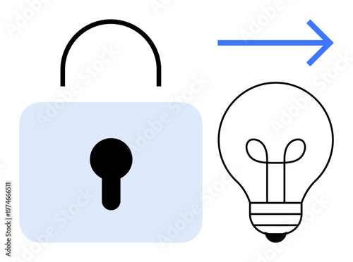 Security concept. ion of transition from security to innovation using a padlock to a lightbulb symbol connected by an arrow. Security ensures a foundation for innovative ideas. Ideal for technology