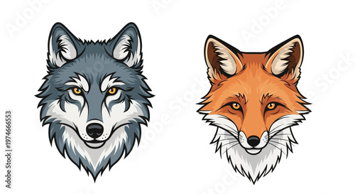 Wolf and Fox Animal Heads Illustration.