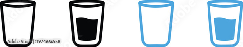 Minimalist water glass icons in black and blue, set of 4 vector line art symbols, empty and full drinking glasses for health and hydration tracking