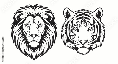 Lion and Tiger Animal Heads Illustration.
