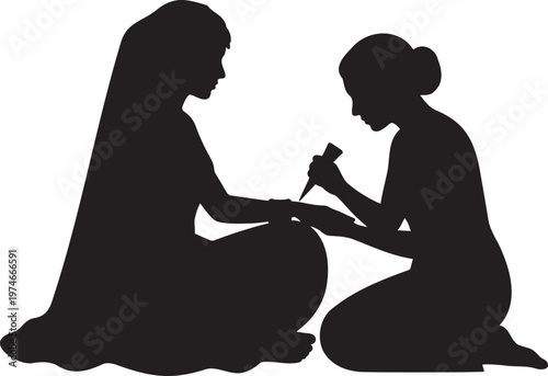 Woman applying traditional henna mehndi art on another woman's hand simple flat black silhouette vector illustration isolated on white background for indian wedding culture beauty and bridal salon log