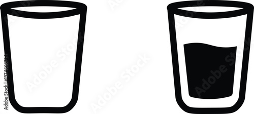 Photos Minimalist glass icons set, empty and half full water glass vector illustrations