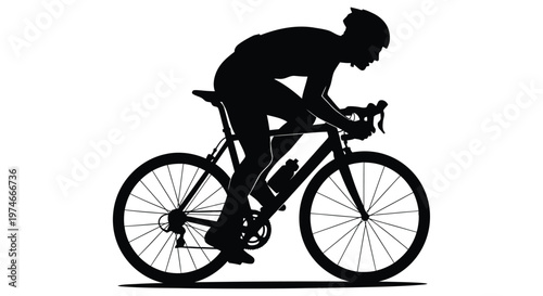 Silhouette of a cyclist riding a road bike against a plain white background