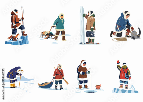 Flat illustration set of indigenous Arctic people performing traditional daily activities like hunting, ice fishing, and sledding in the snowy North.