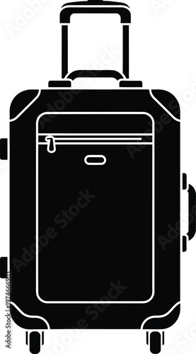 Minimalist black luggage bag icon with a telescopic handle and wheels for travel convenience.