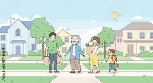 Family walking together on sidewalk carrying groceries.