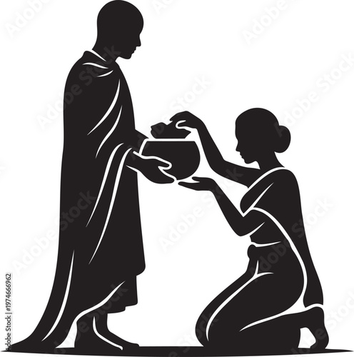Buddhist monk receiving morning alms food offerings from a kneeling woman in traditional clothing simple flat black silhouette vector illustration isolated on white background for religious spiritual 