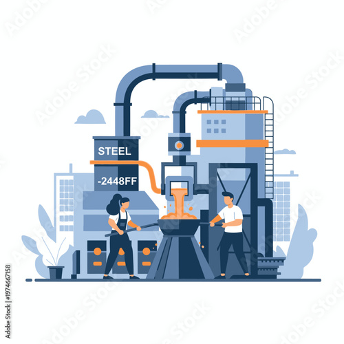 Industrial Steel Manufacturing Plant with Workers.