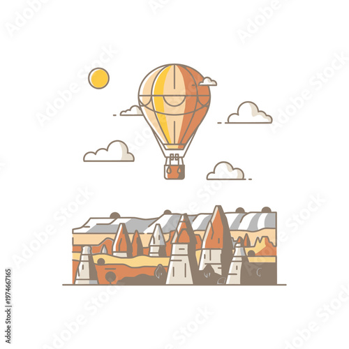 Hot Air Balloon Ascending Over Cappadocia Landscape.