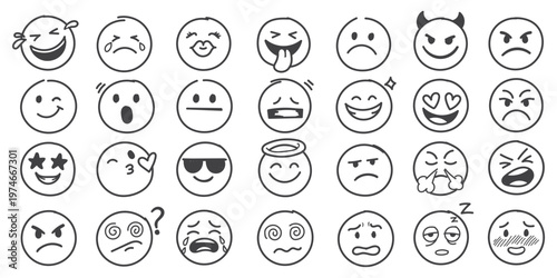 Face emoji icon set. Hand drawn doodle sketch style happy  angry  sad mood face emoticon background. Funny cartoon characters smile  wink  kiss emoji. Cute circle emotion element. Vector illustration