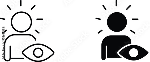 Minimalist visual perception icons, person with glowing head and eye symbol, creative vision and insight concept vector set