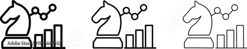 Business strategy icon set with chess knight and financial growth charts, strategic planning vector icons, marketing analysis symbols in line art style
