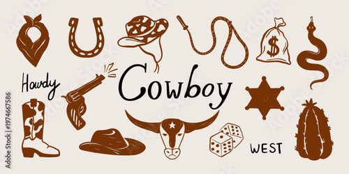 Hand drawn wild west cowboy set with cowboy boots, hats, cactus and rodeo elements. Trendy wild west vector clipart.