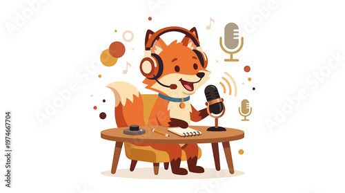 Cute Fox Podcaster with Headphones and Microphone at Desk