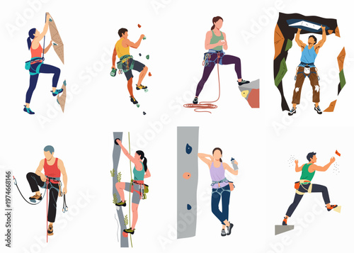 Flat illustration set of diverse people rock climbing and bouldering on indoor walls and outdoor rock formations with climbing gear.